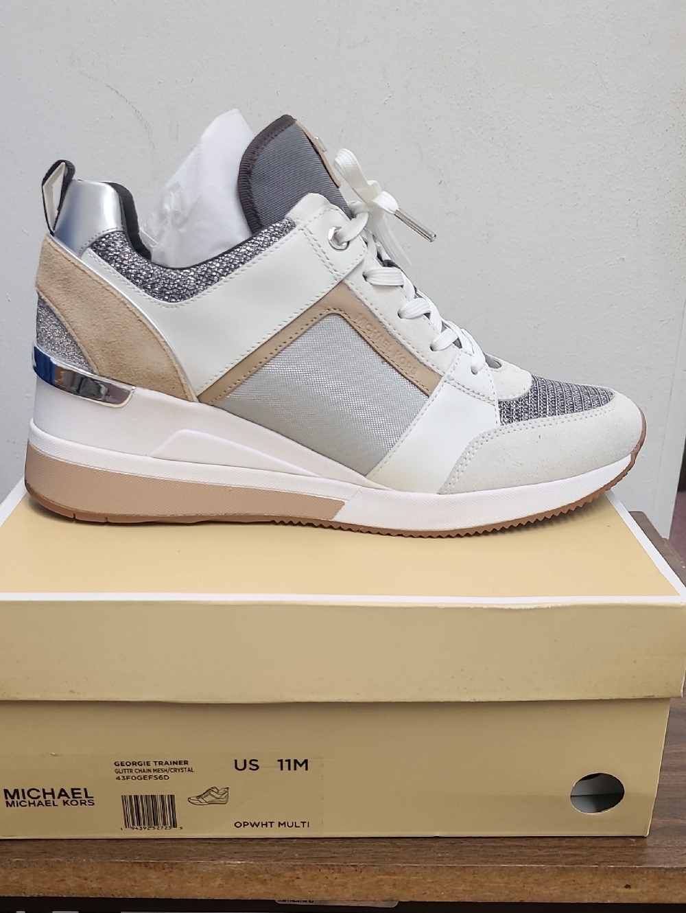 MICHAEL Michael Georgie Glitter Mesh Wedge Sneaker - White, Gray, Tan